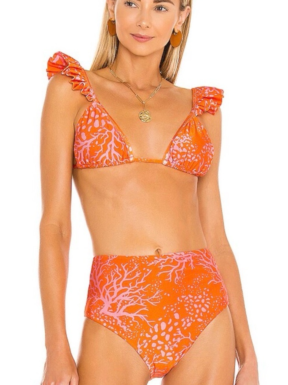 PatBO Ruffled Strap Coral Print Bikini Set in Orange & Pink
